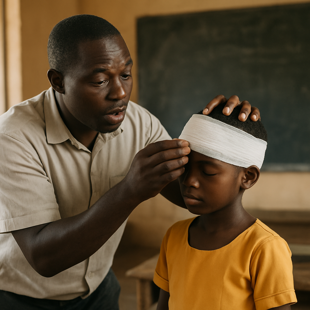 A Ghanaian teacher demonstrating first aid to a young child