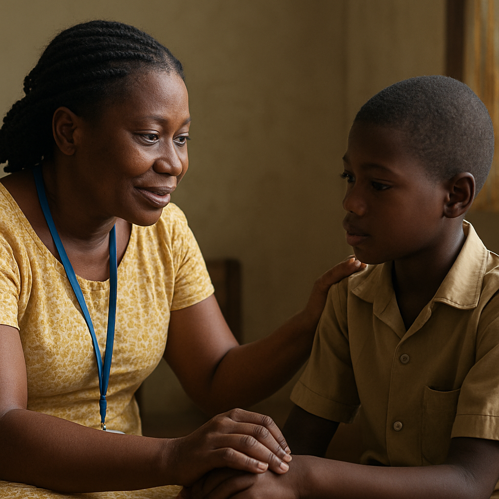 A Ghanaian counselor talking gently with a schoolchild